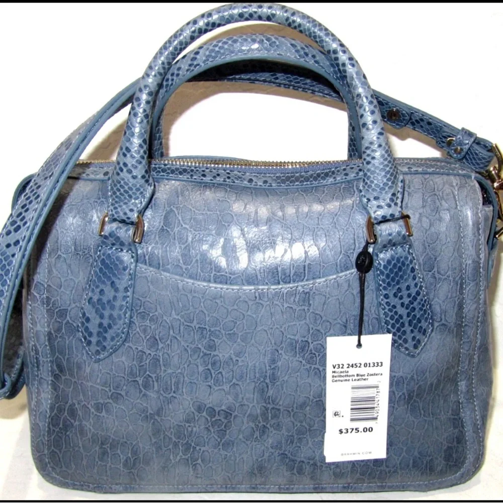 Brahmin Micaela Blue Snake Textured Genuine Leather Satchel